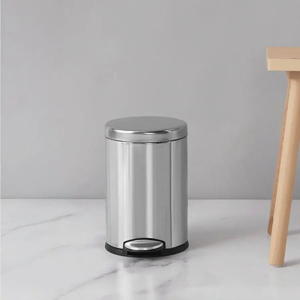 Stainless Steel Round Step Can - Brushed Metal Foot Pedal Trash Bin - Stainless Steel Garbage Can - Hurbane Home