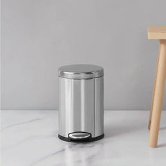Stainless Steel Round Step Can - Brushed Metal Foot Pedal Trash Bin - Stainless Steel Garbage Can - Hurbane Home