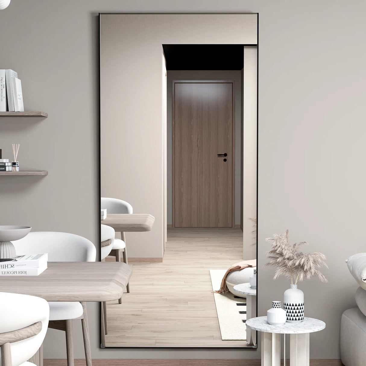 Full length bedroom mirror with black metal floor stand