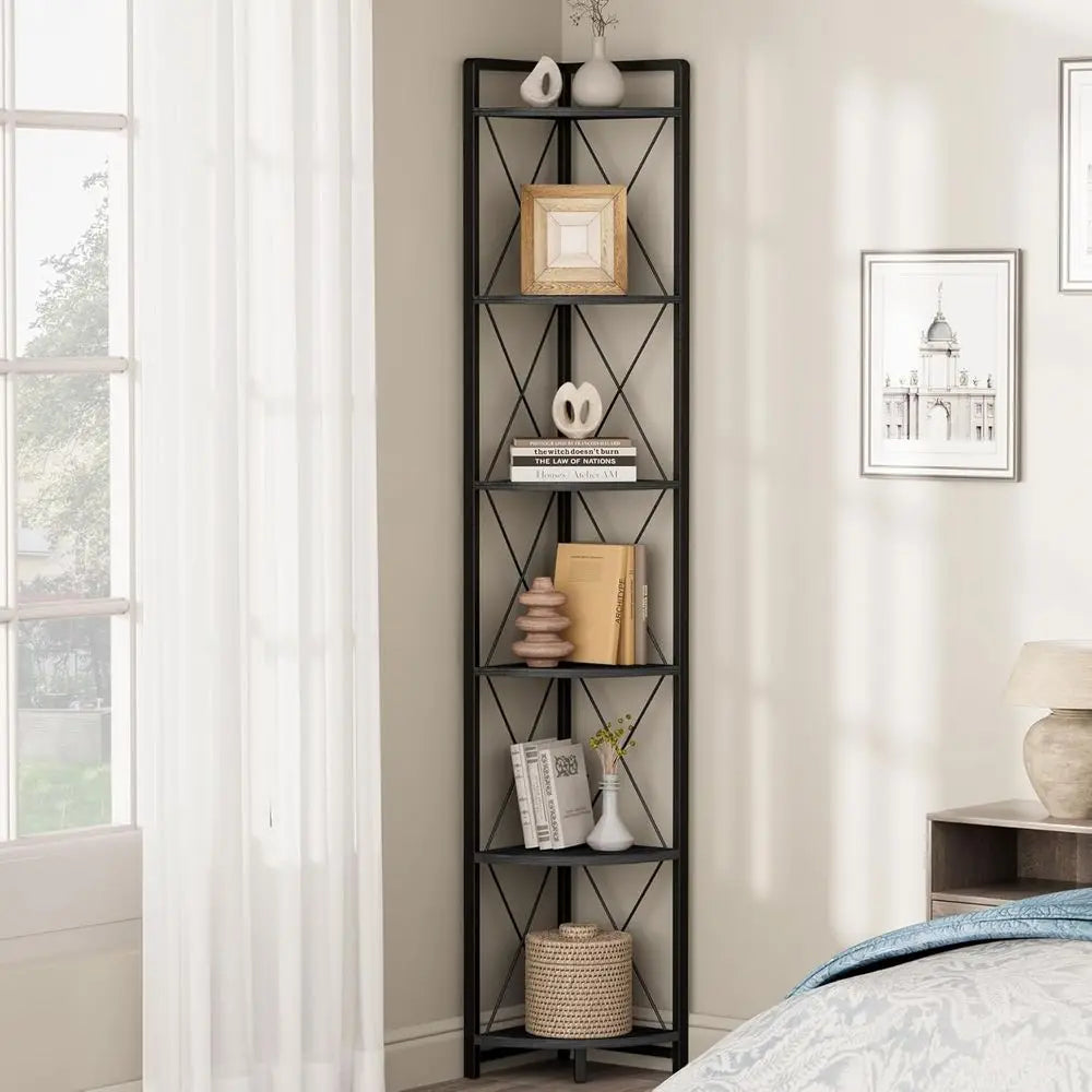 Steel display shelving holding books and décor