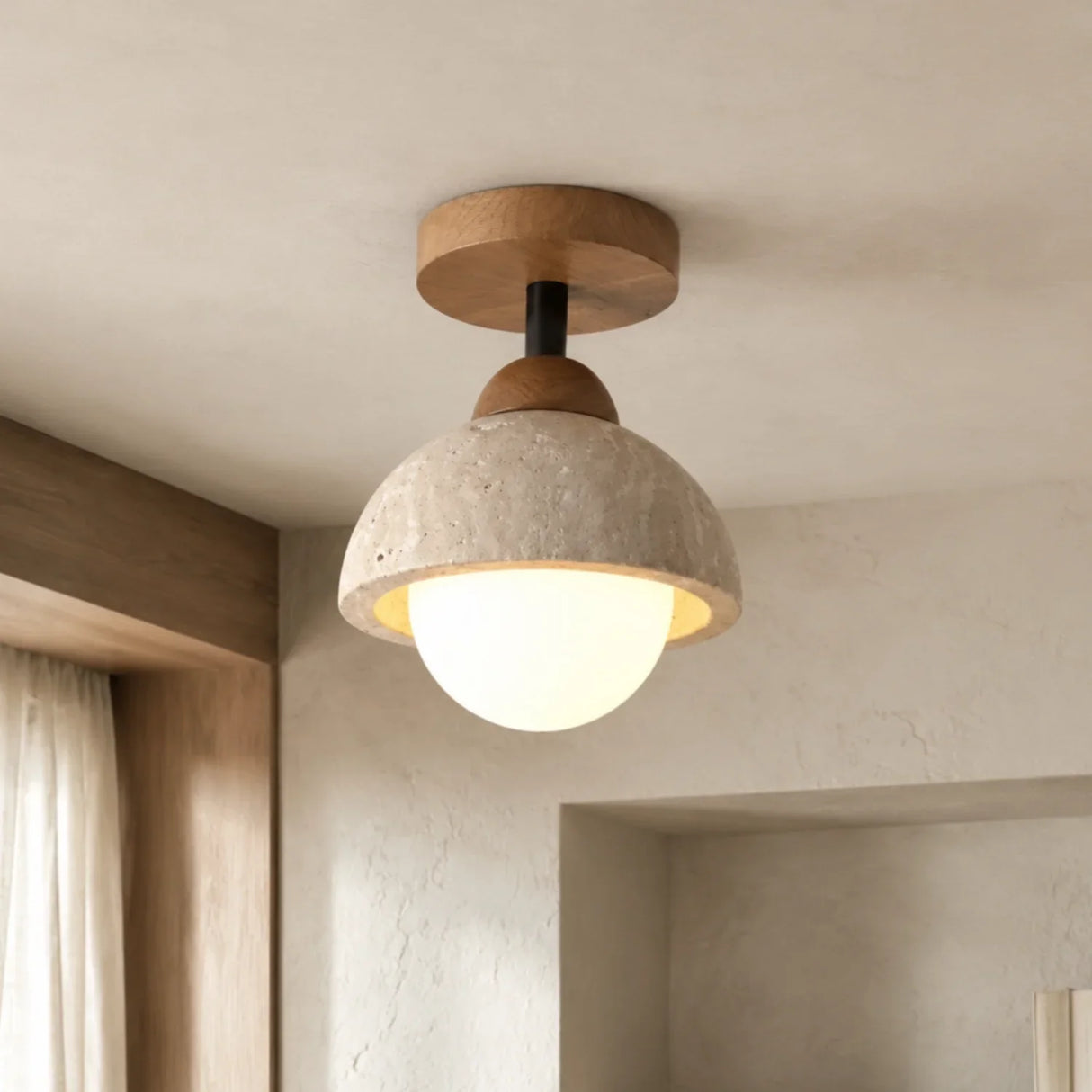 Stone dome ceiling light with wood collar side view