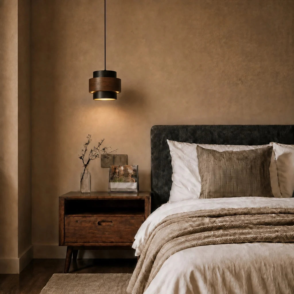 Black stone pendant light, single head, above a bedroom nightstand