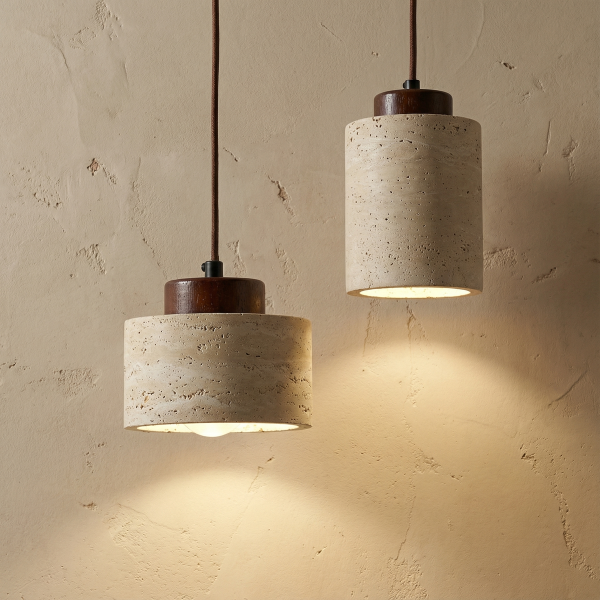 Stone pendants with dark caps, one lit warm over a plaster wall