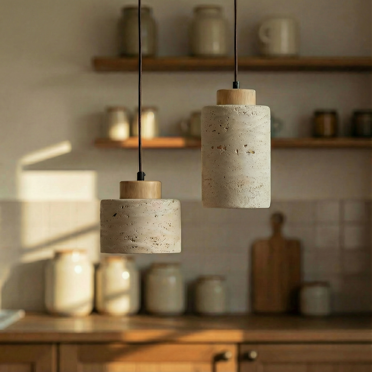 Stone pendants lit above a kitchen bench of ceramic jars