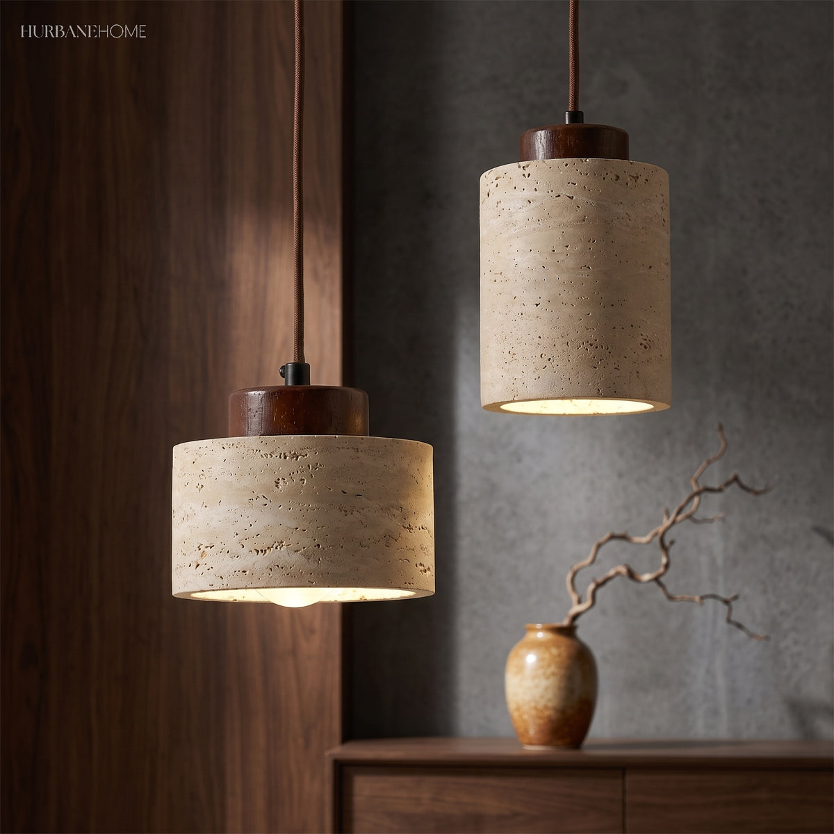 Stone pendants with walnut caps above a dark wood sideboard