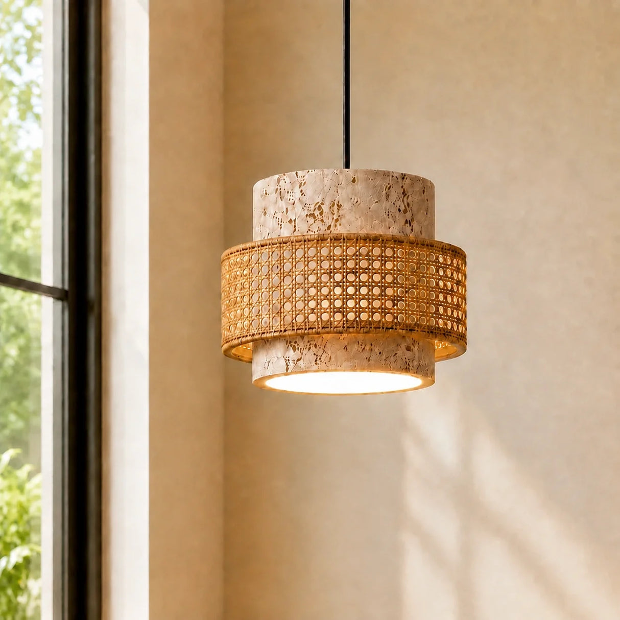 Travertine pendant light with woven rattan band, single head, by a window