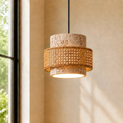 Travertine pendant light with woven rattan band, single head, by a window