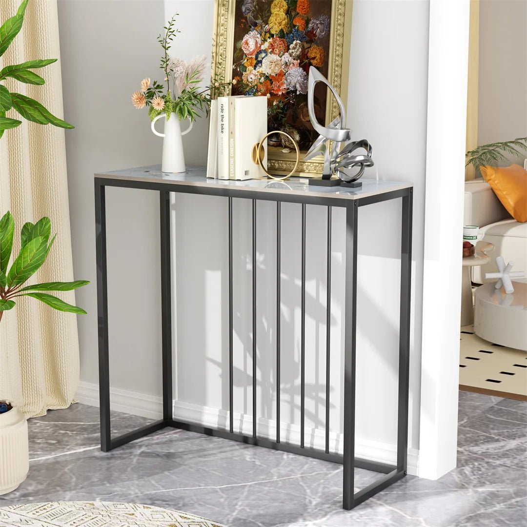 Stone Top Console Table – Slim Black Metal Frame Entryway Accent - Hurbane Home