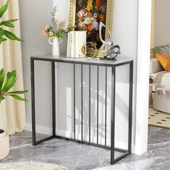 Stone Top Console Table – Slim Black Metal Frame Entryway Accent - Hurbane Home