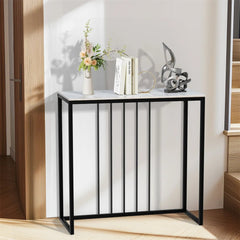 Stone Top Console Table – Slim Black Metal Frame Entryway Accent - Hurbane Home