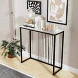 Stone Top Console Table – Slim Black Metal Frame Entryway Accent - Hurbane Home