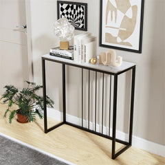 Stone Top Console Table – Slim Black Metal Frame Entryway Accent - Hurbane Home