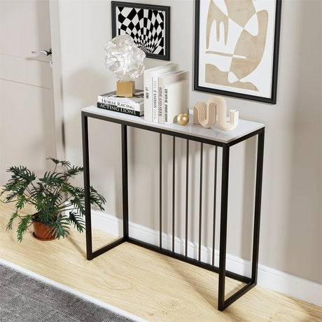 Stone Top Console Table – Slim Black Metal Frame Entryway Accent - Hurbane Home