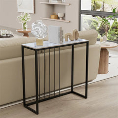 Stone Top Console Table – Slim Black Metal Frame Entryway Accent - Hurbane Home