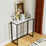 Stone Top Console Table – Slim Black Metal Frame Entryway Accent - Hurbane Home