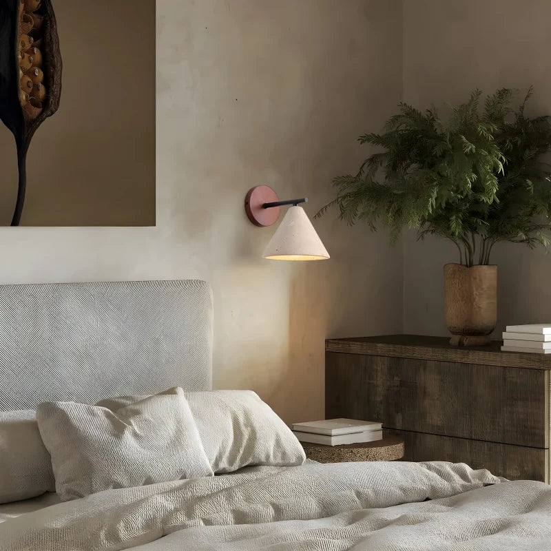 Stone wall sconce with wood backplate and slim black arm