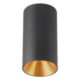 Tall black cylinder ceiling light with a gold inner reflector