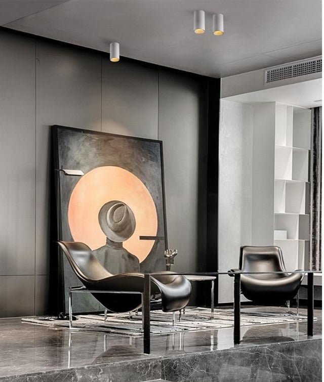 Cylinder ceiling lights mounted above a dark interior with artwork