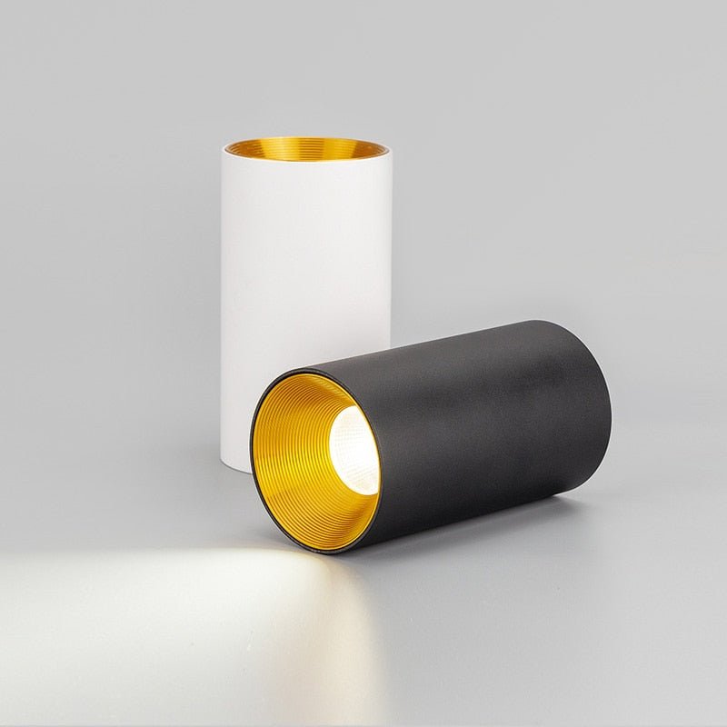 White and black cylinder ceiling lights with gold inner reflectors