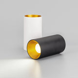 White and black cylinder ceiling lights with gold inner reflectors