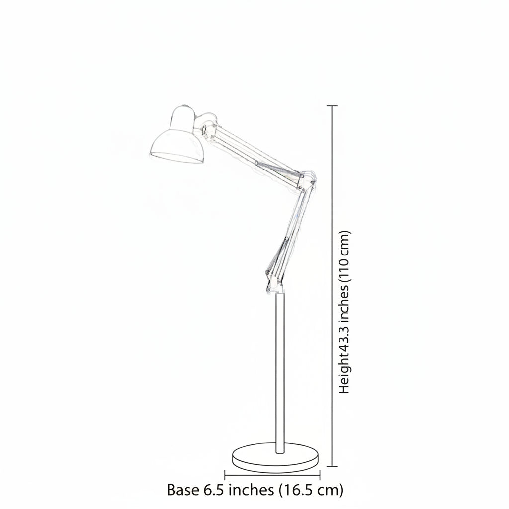 Line drawing giving 43.3 inch height and 6.5 inch base diameter for the floor lamp
