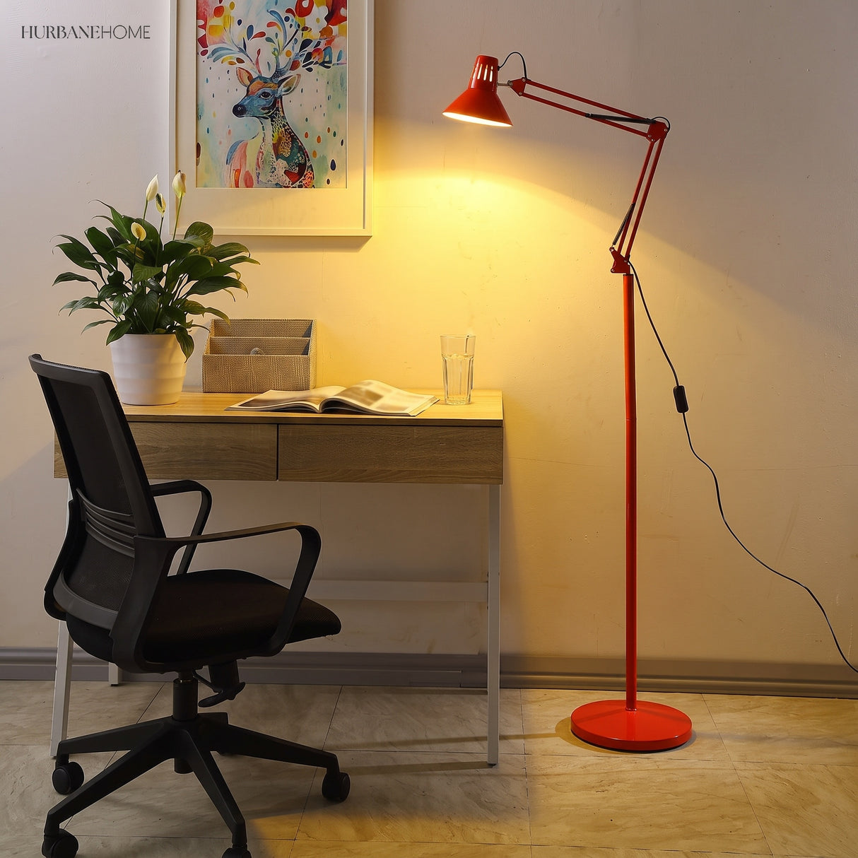 Red reading floor lamp lighting a home office desk and chair