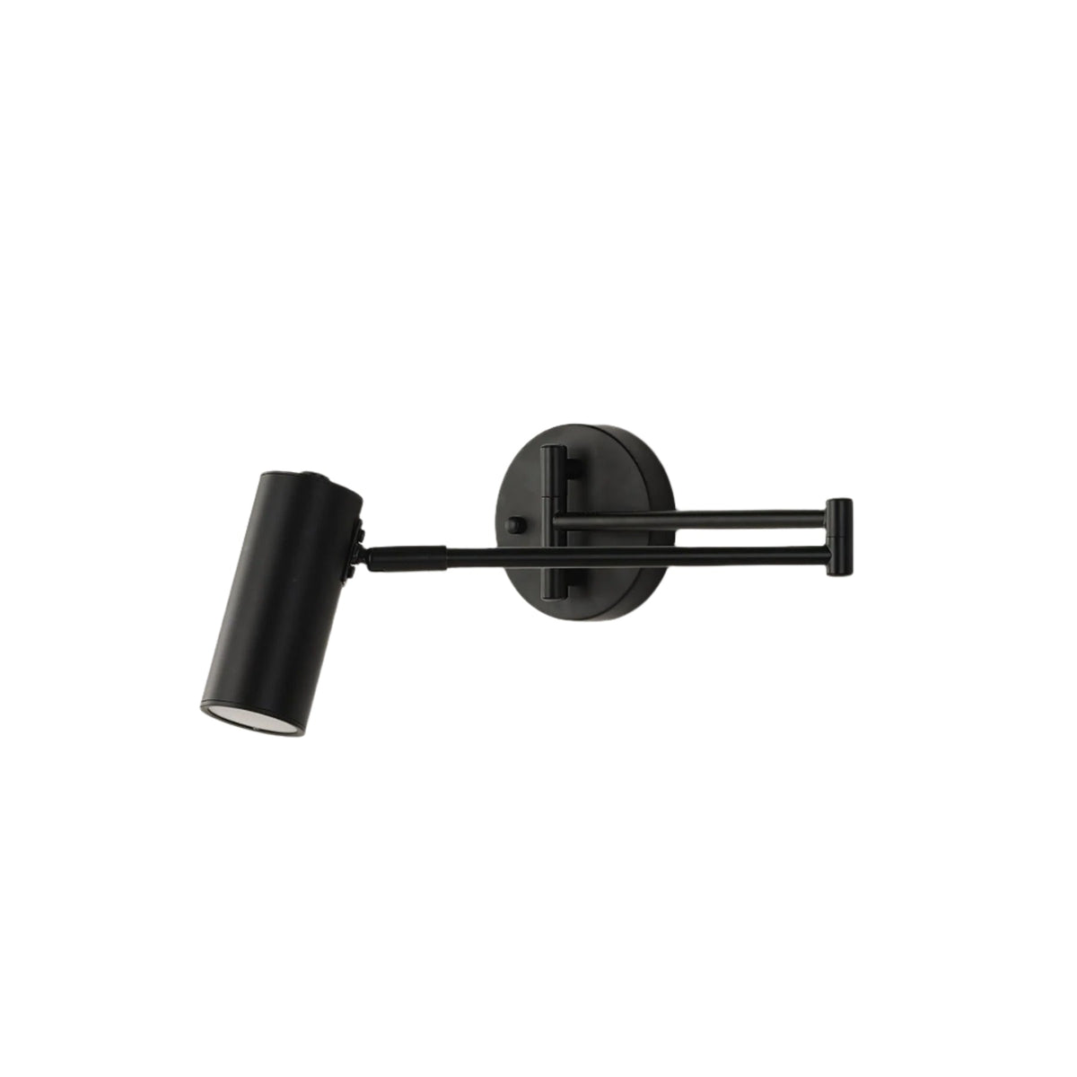 Black swing arm sconce folded flat against a dark painted wall
