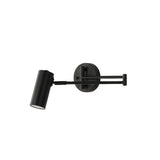 Black swing arm sconce folded flat against a dark painted wall