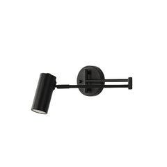 Black swing arm sconce folded flat against a dark painted wall