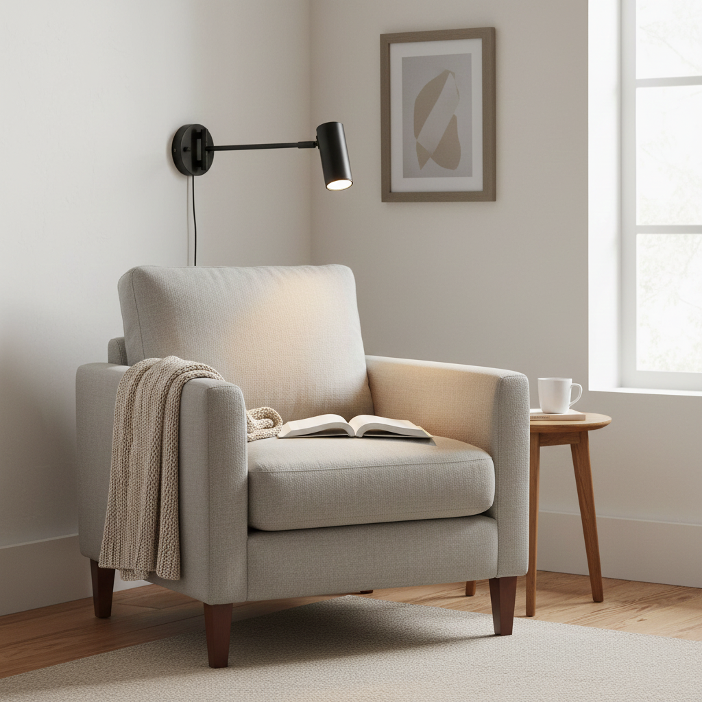 Black swing arm sconce lit beside an armchair and side table