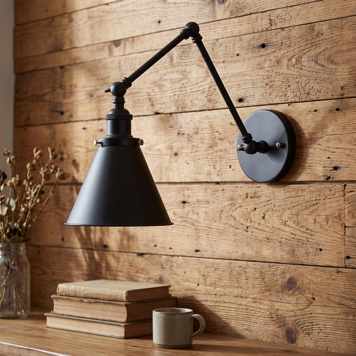 Black iron swing arm sconce with a cone shade on reclaimed timber