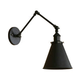 Black iron swing arm sconce shown unlit on a white background