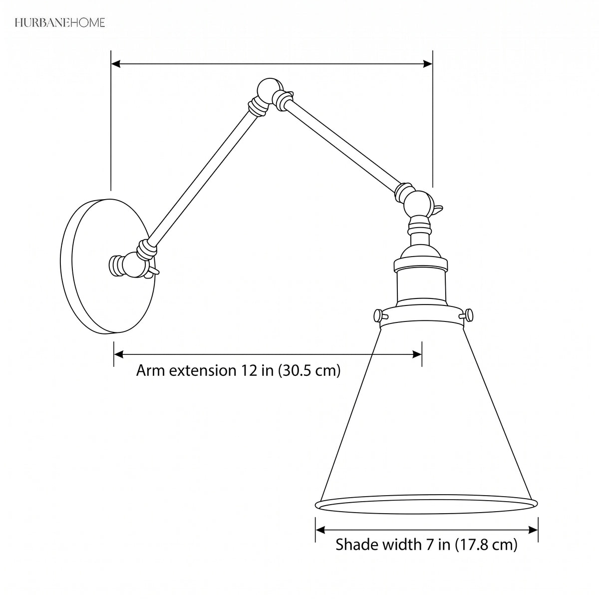 Line drawing of the sconce, 12 in arm extension and 7 in shade width