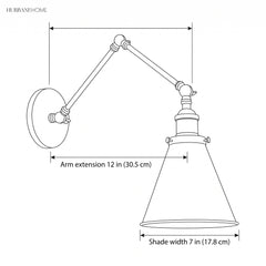 Line drawing of the sconce, 12 in arm extension and 7 in shade width