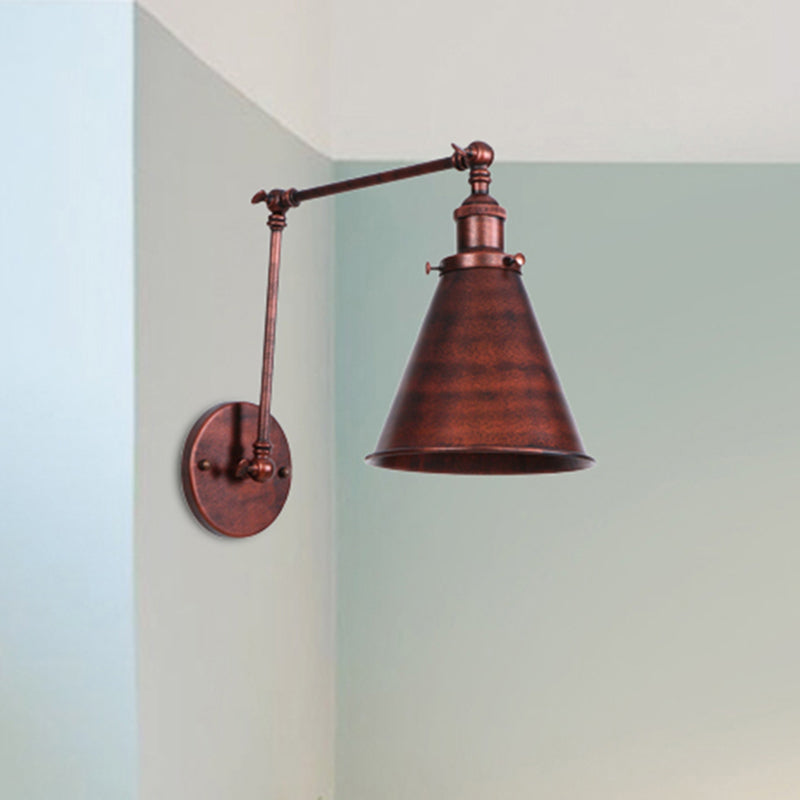 Rust swing arm sconce mounted in the corner of a pale blue room