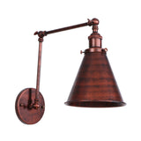 Rust iron swing arm sconce with a cone shade shown on white