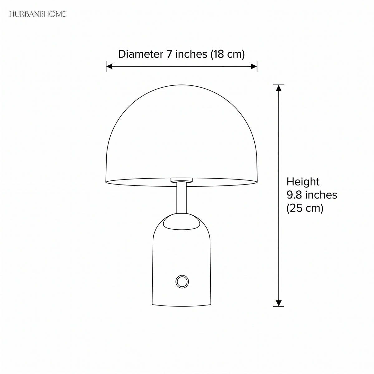 Line drawing of the table lamp marked 7 inches wide and 9.8 inches tall