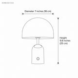 Line drawing of the table lamp marked 7 inches wide and 9.8 inches tall