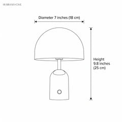 Line drawing of the table lamp marked 7 inches wide and 9.8 inches tall