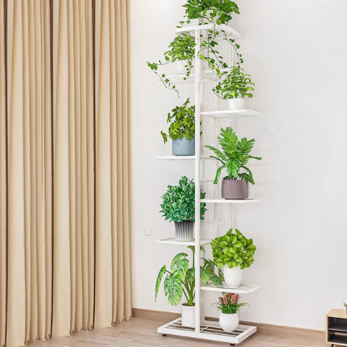 Tall black stand displaying cascading plants on balcony – multi tier plant stand