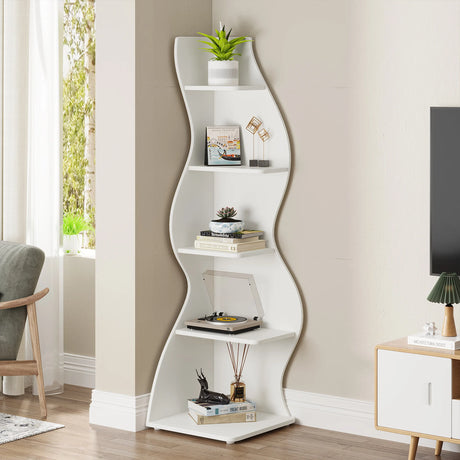 Tall corner bookcase placed in modern bedroom
