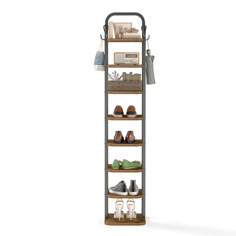 8 Tier Vertical Shoe Rack – Tall Narrow Organizer with Hooks.