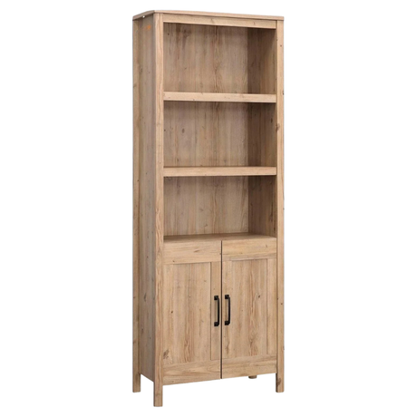 Tall wooden book shelves styled in living room