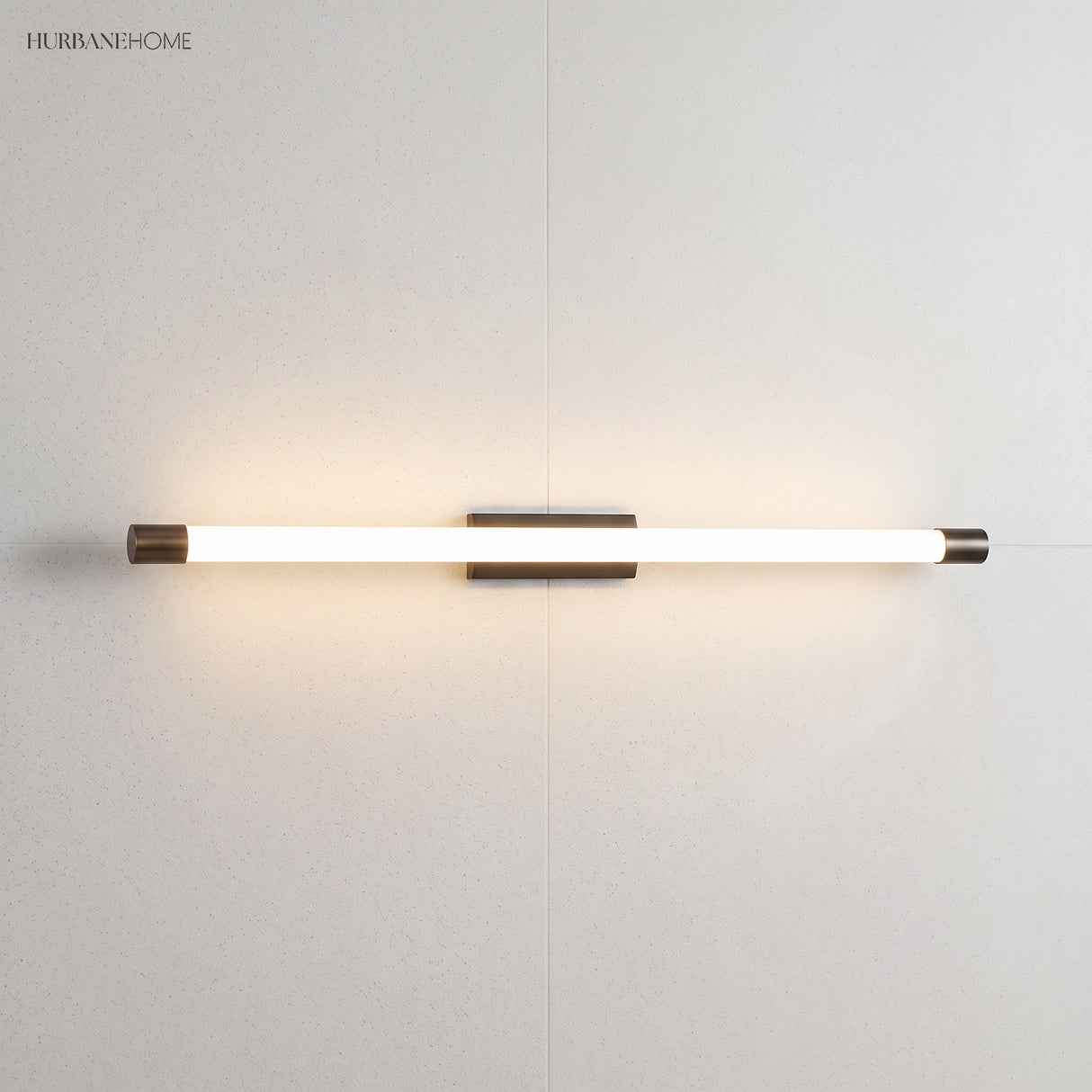 Horizontal LED tube wall light glowing warm across a plain corner wall