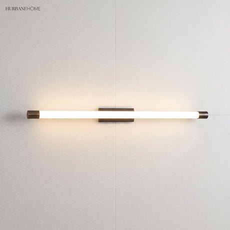 Horizontal LED tube wall light glowing warm across a plain corner wall