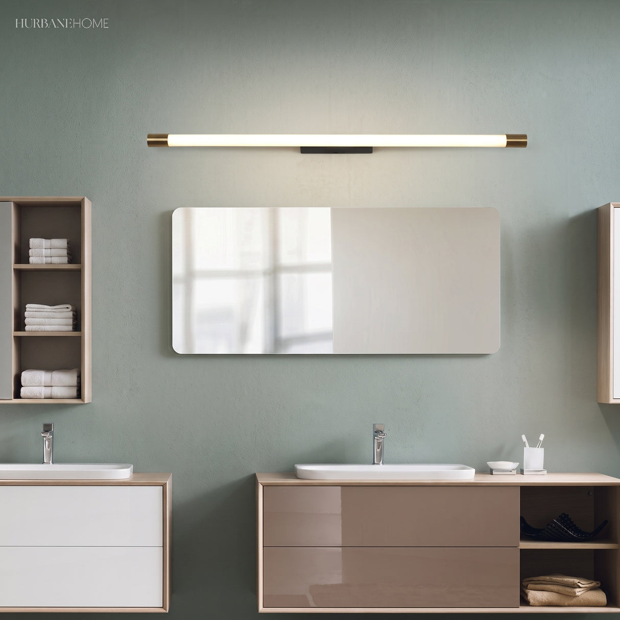 Slim LED vanity light mounted above a bathroom mirror on a green wall