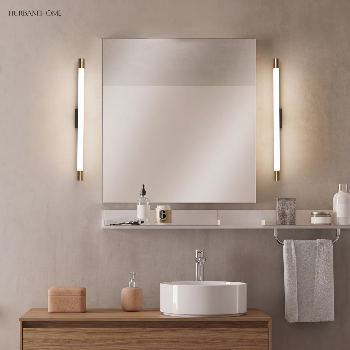 Two vertical LED wall sconces flanking a mirror above a bathroom basin