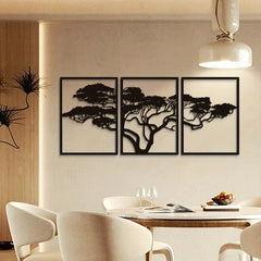 Three Piece Tree Wall Art - Tree of Life Black Metal Wall Set - Hurbane Home