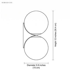Dimension diagram: double globe wall lamp, height 12 inches, diameter 5.9 inches