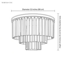 Line drawing of the tiered crystal chandelier showing 32 inch diameter and 18 inch body height